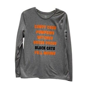 Womens Halloween Long Sleeve Graphic Shirt Size M Gray Hocus Pocus Black Cats‎